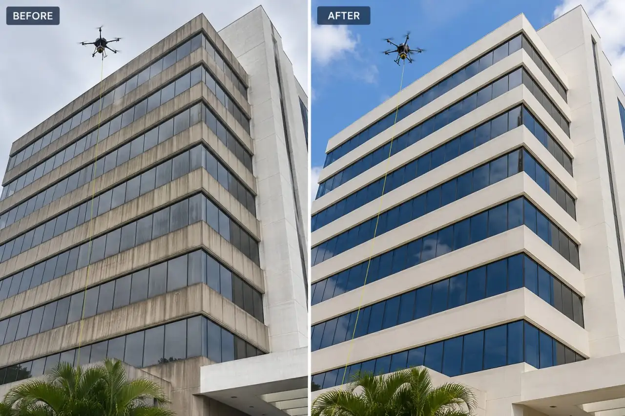 Drone High-Rise Window Cleaning, South Florida Before and after of high-rise glass cleaned by drone, salt film removed, drone in frame